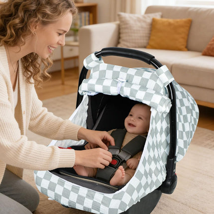 DILIMI Car Seat Covers for Babies, Muslin Cotton Baby Car Seat Cover with Breathable Mesh Window, Summer Infant Car Seat Canopy for Boys Girls Newborn, Green Plaid
