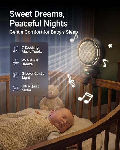 Portable Stroller Fan with 5 Speeds, 70° Oscillation, USB-C Rechargeable Battery, LED Display & Soothing - photo 3