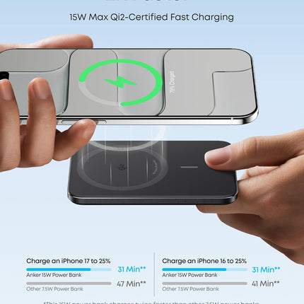 Anker Nano MagSafe Power Bank, Ultra-Slim 5,000mAh Magnetic Wireless Charging Battery, Qi2 Certified 15W Max MagSafe-Compatible Portable Charger, Ergonomic Design, for iPhone Air/17/16 Series