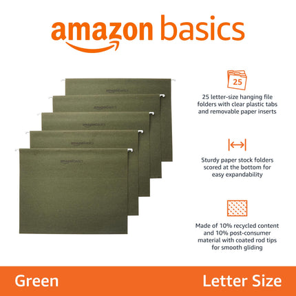Amazon.com : Amazon Basics Hanging Organizer File Folders for Efficient Filing, Sturdy, Adjustable Tabs, Letter Size, Pack of 25, Green : Office Products