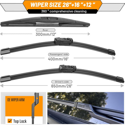 AUTOBOO 26"+16" Windshield Wipers with 12" Rear Wiper Blade Sets Replacement for Subaru Crosstrek Impreza 2018 2019 2020 2021 2022 2023-Original Factory Quality (Pack of 3)