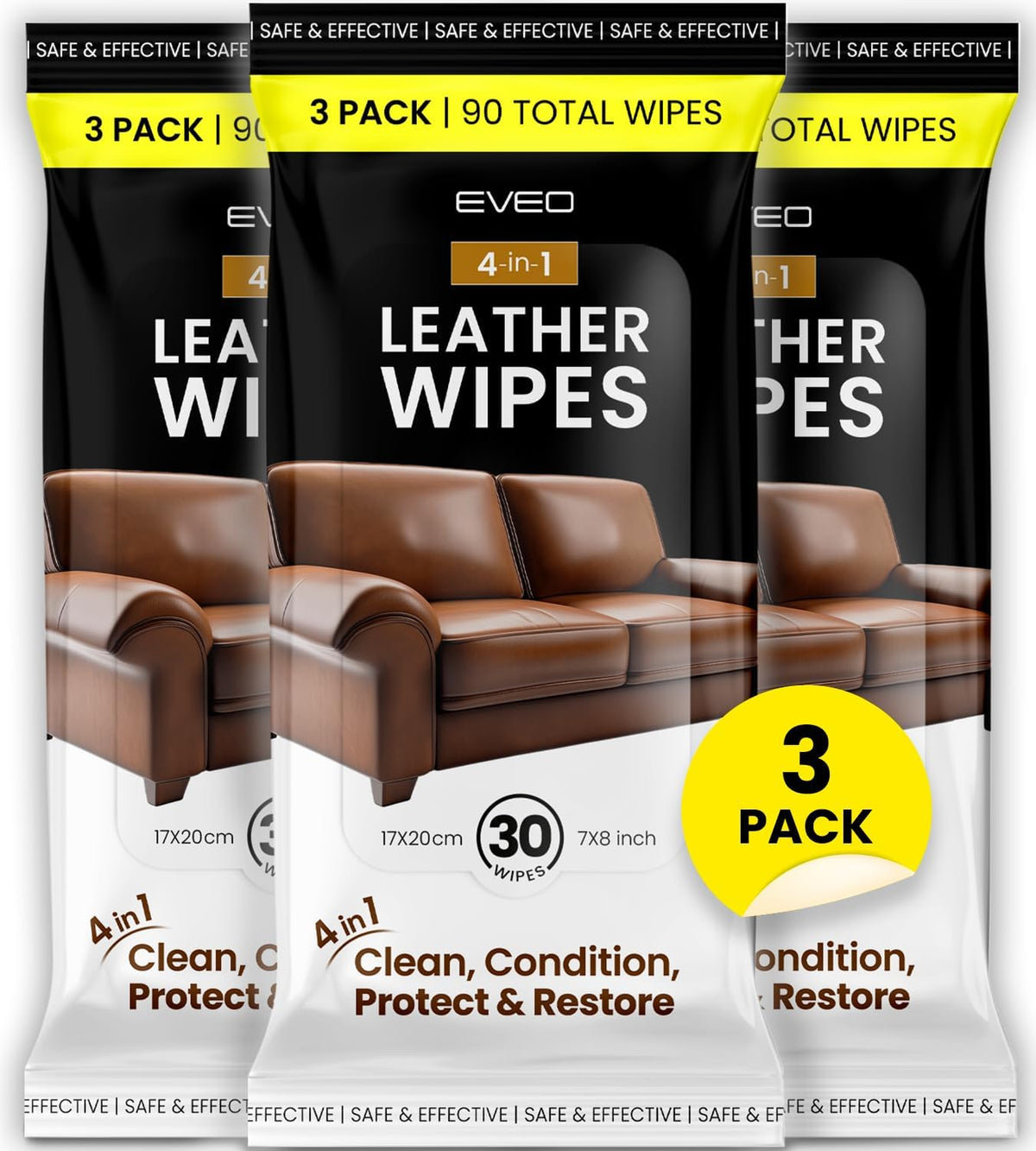 Leather Cleaner Wipes 4-in-1 Cleaner and Conditioner, 3 Pack (90 Total)