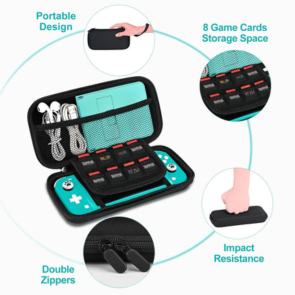 innoAura Switch Lite Case 12-in-1 Accessories Bundle for NS Switch Lite (2019), with Protective Carrying Case, Hand Strap, Screen Protector & Cute Thumb Grips, Black