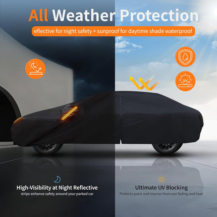 Waterproof Car Cover All-Weather, Heavy-Duty Outdoor Full Exterior Automobiles Snow Cover for Sedan 186-193 inch with Sun Visor,Zippered & Storage Bag - Black
