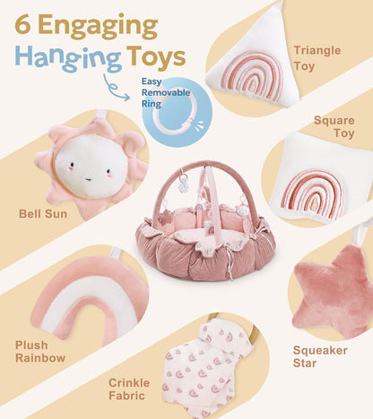 5-in-1 Thick Plush Baby Play Gym Mat with 6 Sensory Toys, Pink - photo 3