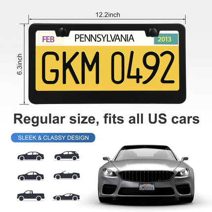 QUANQIUFEI 2 Pack License Plate Frames, Stainless Steel Car License Plate Cover Car Accessories with Screw Caps (Black)