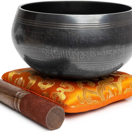 Tibetan Singing Bowl Set - Easy To Play Authentic Handcrafted For Meditation Sound Chakra Yoga Healing 4 Inches (Black & Orange)