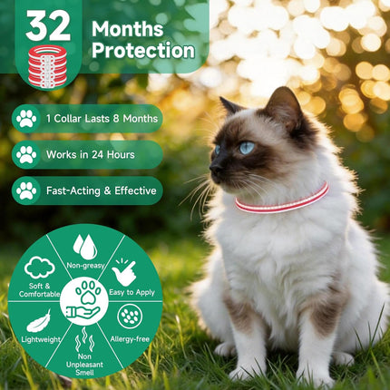 4 Pack Cat Flea Collars, Cat Flea and Tick Treatment, 32 Months Protection Flea and Tick Prevention for Cats, Waterproof Flea Collar for Cats, One Size Fits All, Red and White
