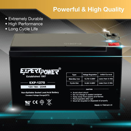 ExpertPower 12V 7Ah - SLA Rechargeable 12V Battery for Ride-On Toys, Alarm System, UPS, EPS, Feeder, Exit Sign, Small 12 Volt Battery for Kids Car, Sealed Lead Acid Fire Alarm Batteries