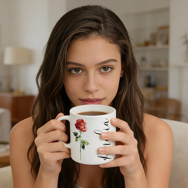 Coffee Mug with Birth Flower & Name - 11oz Large Ceramic Personalized Coffee