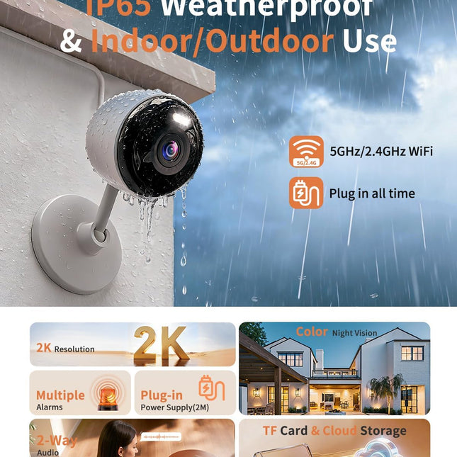 2K Indoor Outdoor WiFi Dome Security Camera with 2-Way Audio