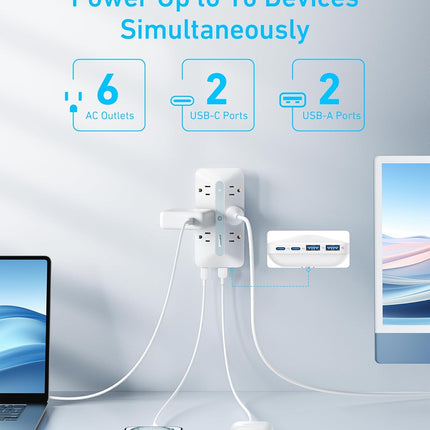 Anker Outlet Extender, Power Strip with 300J Surge Protector, 10-in-1 with 6 AC, 2 USB A, 2 USB C Ports, Wide-Spaces Outlets and 20W Fast Charging, Dorm Room Essentials