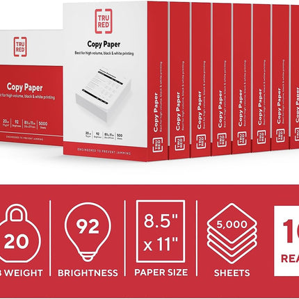 TRU RED 8.5x11 Copy Paper 20 lb. 92-Bright 5000 Sheets/Carton, For Office, School & Home