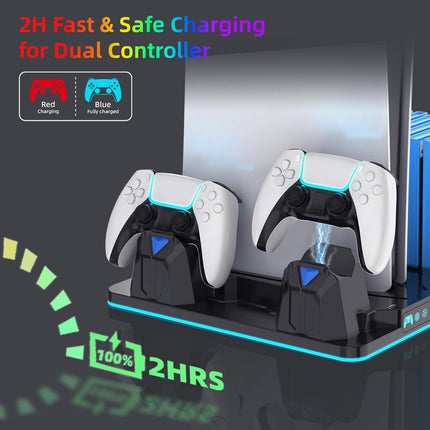 PS5/Slim/Pro Cooling Stand for Disc&Digital with Dual Controller Charging, Multi-Function P5 Accessories 3-Level Cooling Fan, 9 Lighting Modes with Games Storage Slot, Black