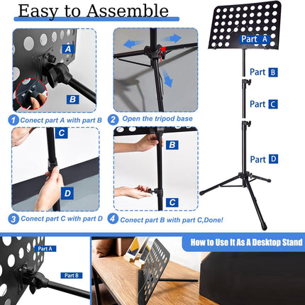 Sheet Music Stand with Light & Phone Holder, 57" Music Stand for Sheet Music High Stability, Height Adjustable Music Sheet Stand with Carrying Bag, Portable Music Book Holder (33-57inch)