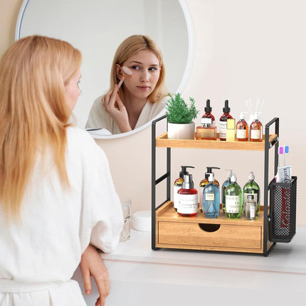 Wood Bathroom Counter Organizer with Drawer & Basket, 2-Tier
