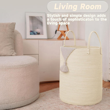 JMvicyroam Large Woven Laundry Basket Hamper,60L Cotton Rope Storage Bin for Blankets,Toys and Clothes,Decorative Tall Nursery Hamper for Living Room,Baby Nursery,Bathroom and Bedroom,Beige