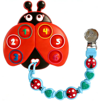BIGSPINACH Teething Toy & Pacifier Clip Set,Ladybug Pop-It Teether & Pacifier Hold,Multi-Textured Chew Toy with Number Buttons for Early Learning, Baby Teething Relief (Red+Blue)