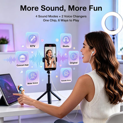 KM08 Portable In-Ear Monitor Live Streaming & Karaoke Headset with Mic, Built-in Sound Card for Sound Effects & Voice Changer, 2-in-1 Wired Earbuds & Microphone for TikTok YouTube Streaming Podcast