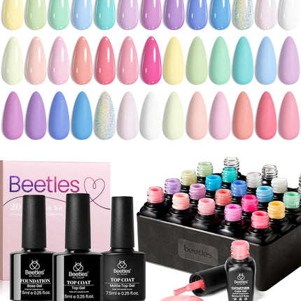 beetles Pastel Gel Polish Set - 20 Colors Spring Gel Nail Kit Dreamy Town Collection Macaroon Pink Yellow Green Blue Glitter Manicure Kit with 3Pcs Base Top Coat Uv LED Summer Gifts for Women