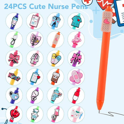 BESARME 24 Pcs Cute Nursing Week Gifts for Women, Funny Nurse Pens Bulk Medical Assistant Accessories for Office Coworkers Gel Pen Black Ink Medical Assistant Nursing Student Gifts