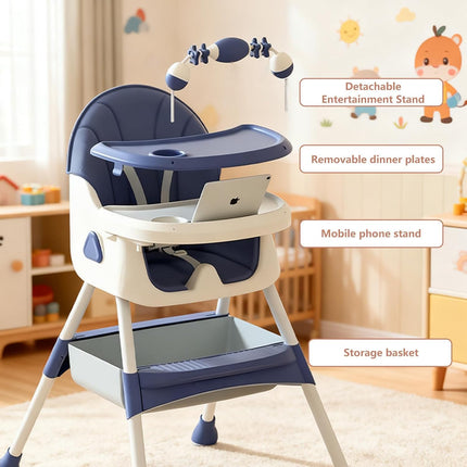 4-in-1 Baby High Chair for Babies & Toddlers, Foldable High Chair with Detachable PU Cushion, Removable Tray, Adjustable Height, Locking Wheels,Blue