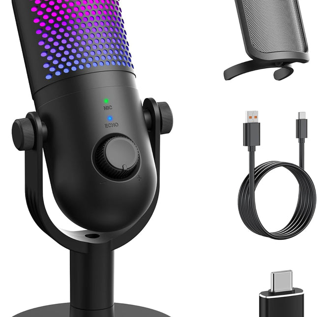 USB Microphone for PC Gaming: Condenser Microphone RGB for Gamer with Stand Mic - Recording Mic for Computer&Laptop