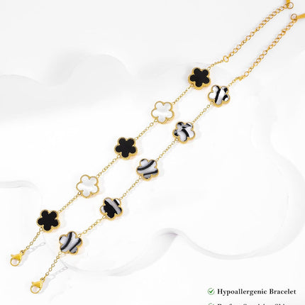 Four Leaf Clover Bracelet for Women 18K Gold Plated Stainless Steel Lucky 4 Leaf Chain Link Adjustable Bracelets Jewelry Gift for Women/White/Black Bracelets (Gold Clover Bracelet/White)
