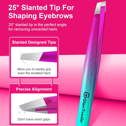 Expert Slant and Point Tip Tweezer Set with Exclusive Travel Case, GlamTweeler Sharp & Precision Tweezer Set for Eyebrows, Facial Hairs & Fine Hairs Removal (Sparkle Purple & Turquoise + Silver)