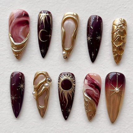 30Pcs Star Press on Nails Long Almond 3D French Tip Fake Nails with Pearl Rhinestones Gothic Sun Stars Moon False Nail Gold French Acrylic Nails Press on Goth Full Cover Glue on Nails for Women