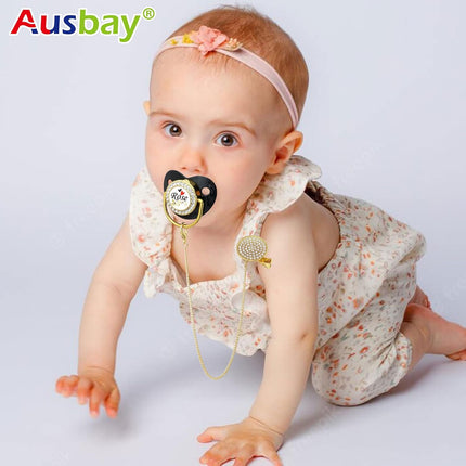 Personalized Pacifier Set with Name, BPA Free, Bling Gold Silver Pink Rose Gold Luxurious Ideal Gift for Newborns (Black)