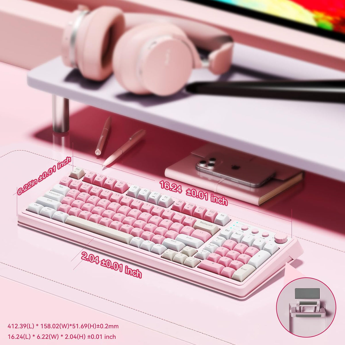 99-Key Wireless Gaming Keyboard with Number Pad, RGB Backlit Tri-Mode, Pink - photo 5