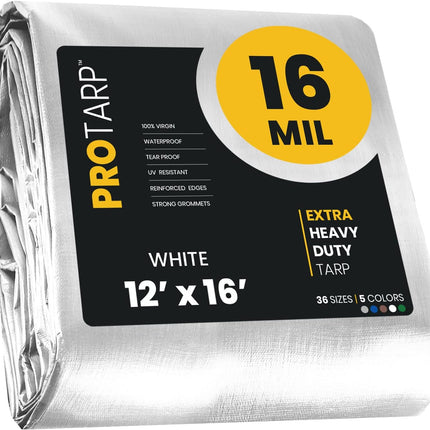 PROTARP Extra Heavy Duty 16 Mil Tarp Cover, Waterproof, UV Resistant, Rip and Tear Proof, Poly Tarpaulin with Reinforced Edges for Roof, Camping, Patio, Pool, Boat. (White 12′ X 16′)