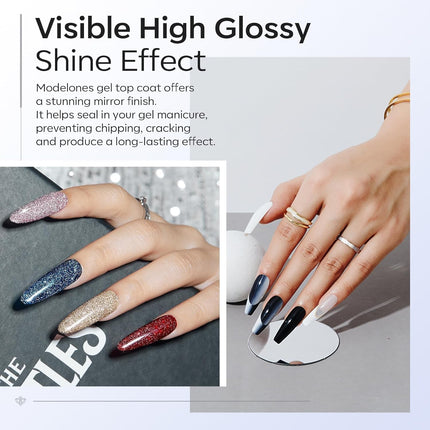 modelones Gel Top Coat, 2Pcs Clear Glossy Finish No Wipe Top Coat Spring Gel Nail Polish, Acrylic Nails Soak Off Nail Lamp Nail Art Home and Professional Manicure 10ML