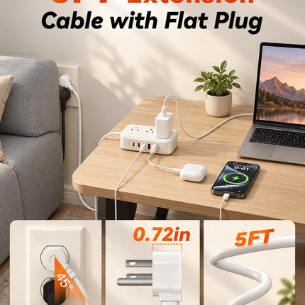 65W USB C Power Strip with 3AC Outlets 5USB Ports(3 USB C) & 5FT Cord