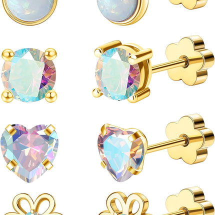 4Pairs Hypoallergenic Screw Back Earrings for Women 14k Gold Surgical Steel Flat Back Earrings Opal CZ Flower Heart Cartilage Earring for Sensitive Skin 20G Handmade Nap Flatback Earrings Studs