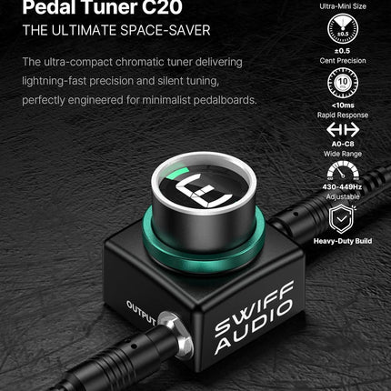 SWIFF AUDIO C20 Guitar Tuner Pedal, ±0.5 Cent Ultra-Precision, Mini LED Tuner pedal, <10ms Response, Silent Tuning & True Bypass, Durable Aluminum Alloy, Adjustable A4 430-449Hz for Guitar & Bass