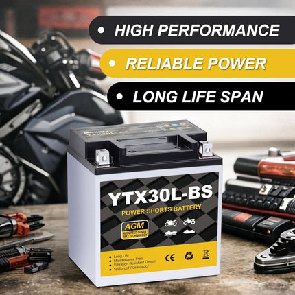 YTX30L-BS Motorcycle Battery 12V 30Ah 400CCA, Maintenance Free Sealed AGM Powersport Battery, Replacement for ATV UTV Harley, YTX30L-BS / ETX30LA / YIX30L