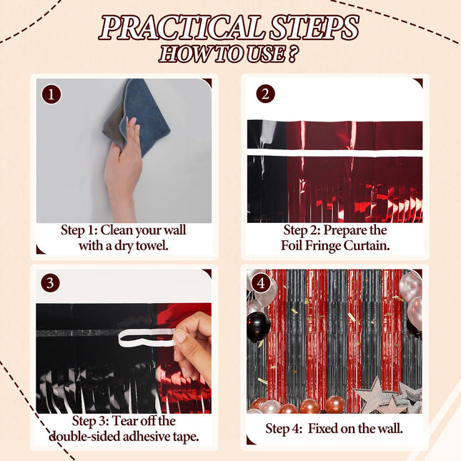 2 Pack Fondo de Flecos de Foil - Cortinas de Tinsel Brillantes Rojas y Negras para Decoración de Fiesta/Accesorios de Photo Booth - Fondo de Foil Metálico de 3.3x6.6 FT para Cumpleaños, Bodas, Graduación, Navidad.