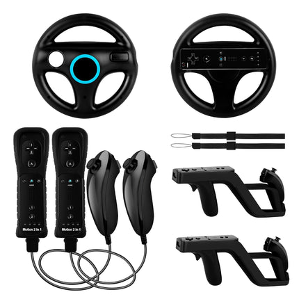 KOUROU 8PCS Motion Plus Wii Remote Controllers with Nunchucks, Mario Kart Steering Wheels and Zapper Light Gun (Black)