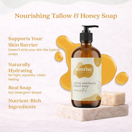 Tallow & Honey Liquid Soap – Unscented – Natural Face, Body & Hand Wash – Grass-Fed Beef Tallow Cleanser – Gentle Moisturizing Soap – 16 oz
