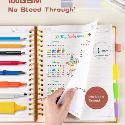 Hardcover Spiral Notebook journal with Removable Dividers Tabs, 300 Pages Leather 5 Subject Notebook College Ruled, 100GMS A5 Notebooks for Work School Note taking,Lined Journal for Women,A5-Pink