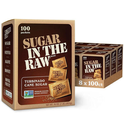 Sugar In The Raw Granulated Turbinado Cane Sugar On The Go Packets, Pure Natural Sweetener, Hot & Cold Drinks, Coffee, Cooking, Baking, Vegan, Gluten-Free, Non-GMO, 100 Count Packets (8-Pack)