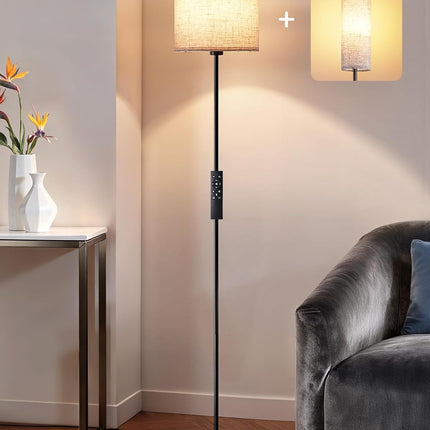 EDISHINE Dual Shades Floor Lamps for Living Room with Foot Switch, 63.7" Modern Standing Lamp with Remote Control, Stepless Dimmable Minimalist Lamps for Bedroom, Office, (9W Bulb Included), Black