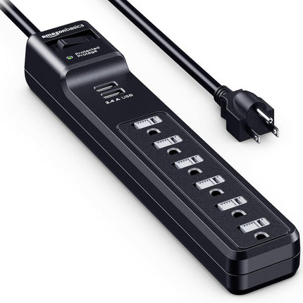Amazon Basics Surge Protector Power Strip with 6 Outlets, 2 USB Ports, 1000 Joule, 6-Foot Cord Length, Black