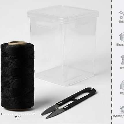 Black Waxed Twine 850 Feet with Scissors & Storage Box – Strong Polyester Cord 160 LBS for Crafts, Gardening, Fishing, Camping, DIY & Outdoor Use – 1 Roll