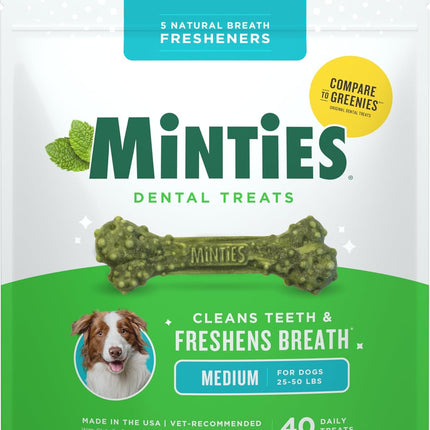 Minties Dental Chews for Dogs, 40 Count, Vet-Recommended Mint-Flavored Dental Dog Treats for Medium Dogs, Bones Clean Teeth, Fight Bad Breath, and Removes Plaque and Tartar