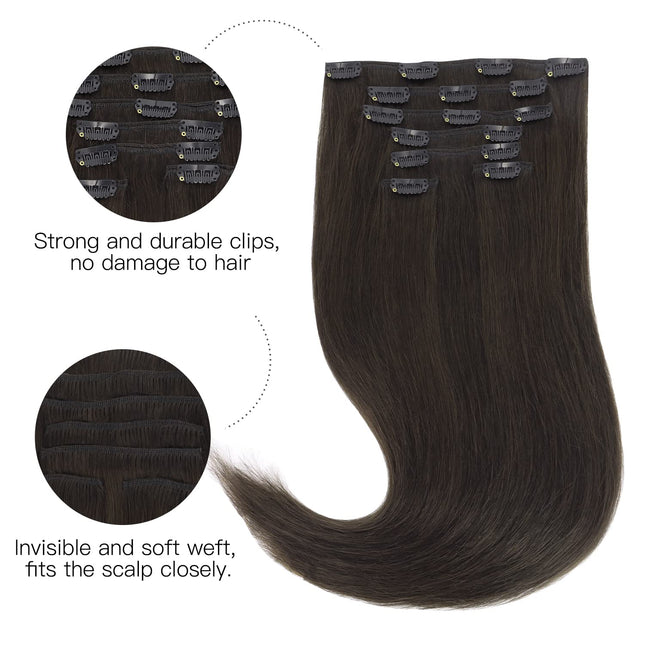 Dark Brown 18 Inch Remy Human Hair Clip-In Extensions, 120g, 7 Pieces