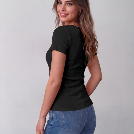 Womens Tops Short Sleeve Rib Knit Basic Tee Scoop Neck Fitted Shirt