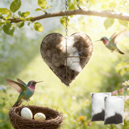 WesGen Handmade Bird Nesting Heart Refillable, 2 Bags Natural Bird Nesting Materials Included, Hummingbird Houses Winter Shelter & Garden Art Gift for Bird Lovers, Outdoor Garden Yard Decoration